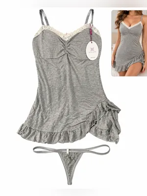 Soft comfort Women's Lace Trim Gray Chemise & Thong Sleep Set new size XL thong thumbnail 2