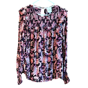 Knox Rose Women‎ Medium Paisley Smocked Peasant Blouse Black Pink Long Sleeve thumbnail 2