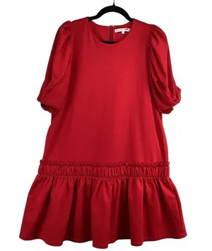 English Factory Red Dress Size Large Puff‎ Sleeve Mini Ruffle Hem stretch thumbnail 2