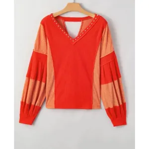 Charming Charlie sz L Women Studded Waffle VNeck Long Sleeve Top patchwork stitch thumbnail 12