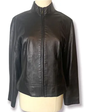 Andrew Marc leather mock neck moto jacket black sz‎ M thumbnail 1