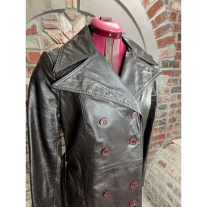 leather trench coat brown double breasted Vintage 1970s sz 7 thumbnail 5