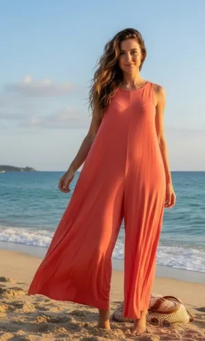 NWT Free People FP Beach Easy Livin One Piece in Coral Wide Leg Jumpsuit XS thumbnail 1