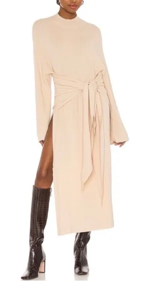 SNDYS tied up mock neck knit tunic dress in sand thumbnail 1