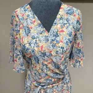 Ralph Lauren Midi Wrap Dress 8 Blue Georgette Floral Belted Chiffon Flounce thumbnail 2