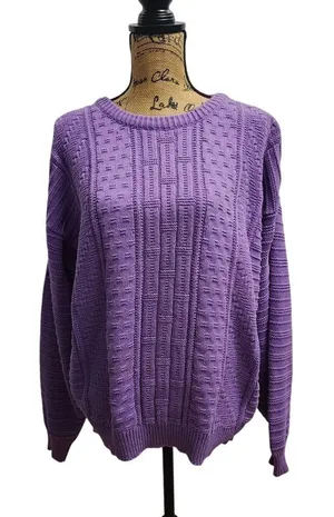 Vintage Purple Knit Sweater‎ Textured Geometric Pattern Crewneck Pullover thumbnail 1
