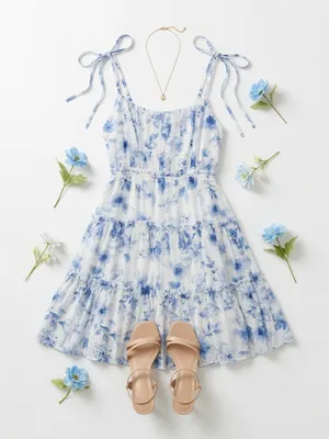 Floral Spaghetti Strap Tiered Back Tie Mini Dress Large thumbnail 1