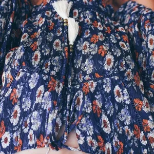 POLWoven print top.Round neck, 1/2 sleeve,front neck tie closurew/tassels,sizeL‎ thumbnail 5