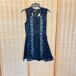 Free People Water Lilly RARE black metallic pinstripe crotchet lace mini dress thumbnail 3