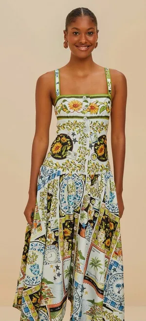 Farm Rio Multicolor Latin Trip Scarves Organic Cotton Midi Dress S thumbnail 1