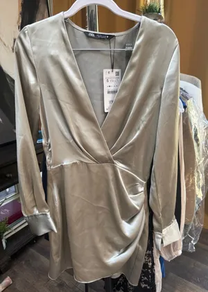 Zara Metallic Silver Satin Mini Wrap Dress thumbnail 1