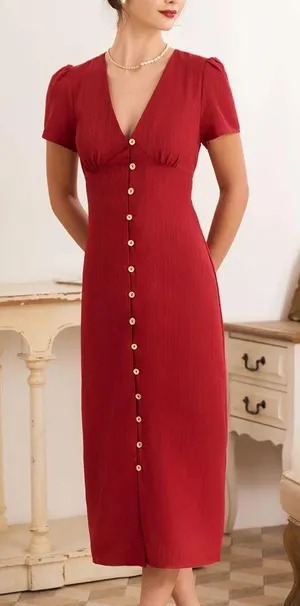 Rihoas Red V Neck Shirred Puff Sleeve Midi Dress thumbnail 1