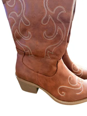 Western-Style Brown faux leather Cowboy Boots With Embroidered Design Side Zippe thumbnail 9