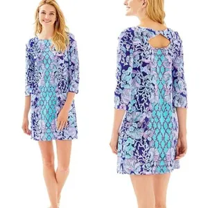 Lilly Pulitzer Blue Floral Printed Mini‎ Dress 3/4 Sleeves Boatneck Women’s XXS thumbnail 2