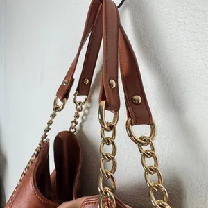Bebe Colette Triple Entry Hobo Cognac Brown Shoulder Bag Chain Whlpstitch Slouch thumbnail 3