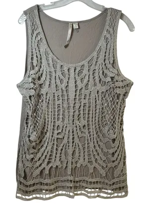 LC Lauren Conrad XL Taupe Silver Metallic Crochet Front Tank Top Scoop Neck thumbnail 1