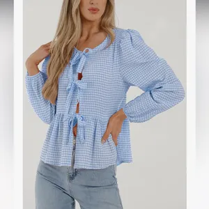 NWOT PRETTYGARDEN Babydoll Peplum Blouse Shirt Puff Long Sleeve Bow Tie Front XL thumbnail 6