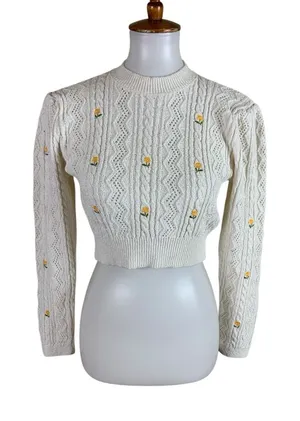 Zara Cream Cable Knit Floral Embroidered Cropped‎ Sweater Medium thumbnail 1