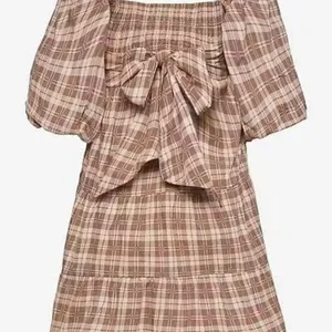 Faithfull the Brand Eryn Gingham Check Mini Dress Puff Sleeve Tie Back Brown L thumbnail 4