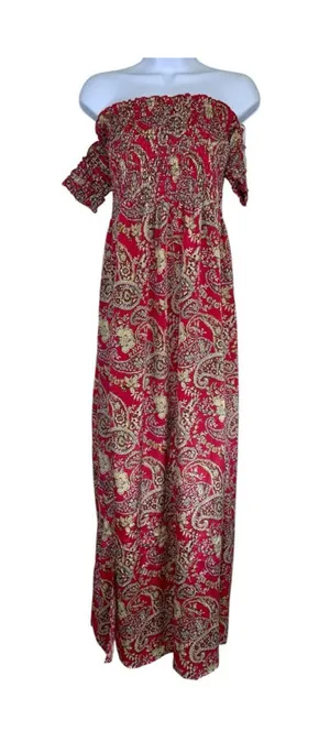 Women's Earthbound Trading Red Beige Paisley Off-Shoulder Maxi Dress XL thumbnail 1