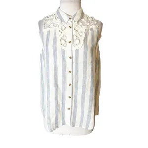Anthropologie Maeve Edinboro Linen Top blue white‎ sz M thumbnail 6