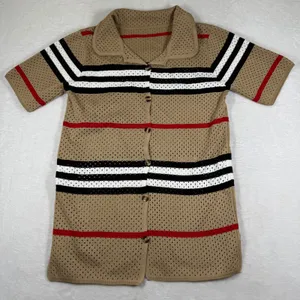 Tan‎ Striped Pointelle Knit Button Up Short Sleeve Polo Shirt Collared Sweater M thumbnail 1