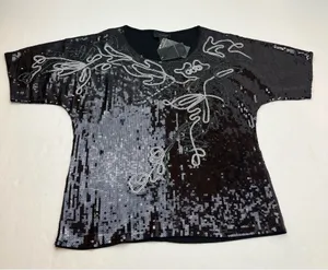 Investments Black‎ Sequin Top Short Sleeve Squiggle Size Small NEW *FACTORY FLAW thumbnail 1