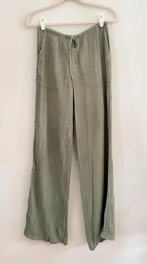 Zara Olive Green Wide Leg Textured Pants thumbnail 1