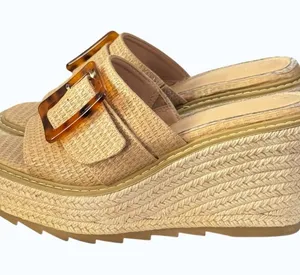 Chunky Wedge Raffia Espadrille Platform Slide Sandals With Tortoiseshell Buckle thumbnail 1