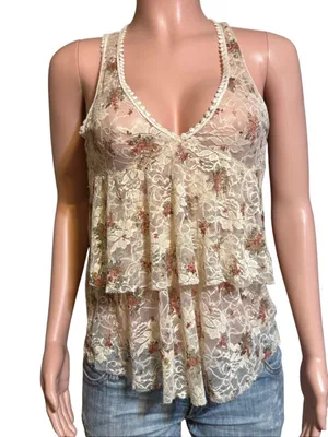 January 7 floral print embellished sheer top M thumbnail 1