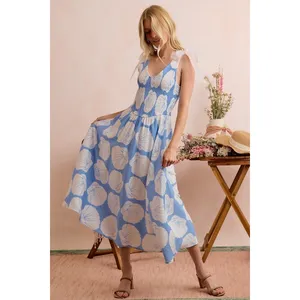 SO ME Shell Smocked Bodice Shoulder Tie Lined Midi Dress - Blue - Small‎ thumbnail 9