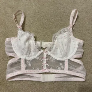 For Love & Lemons White and Light Pink Embroidered Evie Bra thumbnail 1