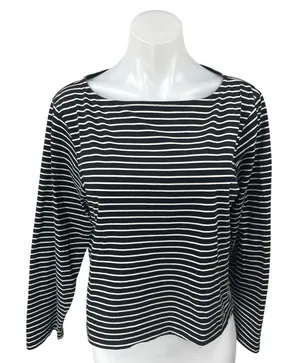 J.Crew Women's Black Striped Knit Boat Neck Long Sleeve Pullover Sweater Top L thumbnail 1