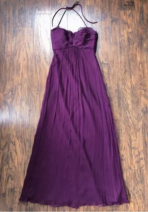 Amsale • plum silk chiffon dress bridesmaid crinkle halter purple formal G425C thumbnail 1