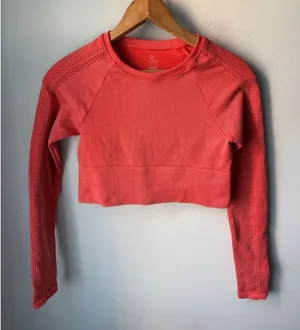 Offline by Aerie Big Chill Seamless Cropped Long Sleeve Ribbed Top Coral thumbnail 1
