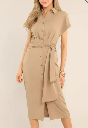 Red Dress Boutique Working Together Tan Button Front Midi Dress thumbnail 1