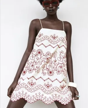 Zara white cotton red embroidery dress thumbnail 1