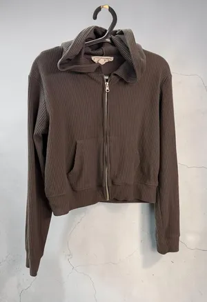 Hippie Rose‎ Juniors' Ribbed Cropped Zip-Up Hoodie, Size S thumbnail 1