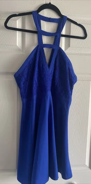 Royal Blue Lace Halter Mini Dress Womens Size M Fit Flare Cocktail Party Y2K thumbnail 1