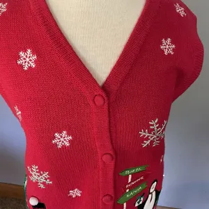 VTG Christmas Sweater Vest Bechamel Sz Small Red Penguins Snowflakes Embroidered thumbnail 8