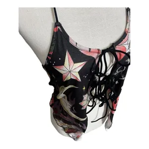 Romwe Black Multicolor Moon Floral Print Halter Top Size L Lace Up Open Back thumbnail 9
