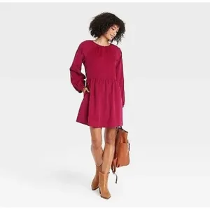 Universal Thread Burgundy Corduroy Long Sleeve Babydoll Mini Dress XL‎ Pockets thumbnail 2