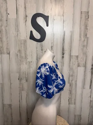 SHEIN Tropical Palm Print Puff Sleeve Bikini Top Womens Small Blue White Underwire thumbnail 3