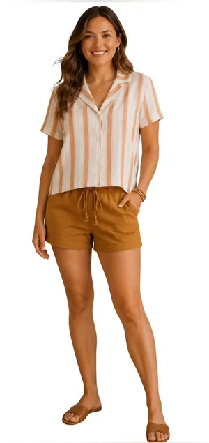 Universal Threads striped linen blend earth tones button down short sleeve top L thumbnail 1