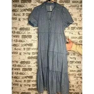 Grace + Karma | women denim button down dress puff sleeves thumbnail 7