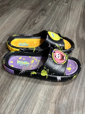 Ground up SpongeBob & Patrick Black Slide Sandals - Fun Yellow & Purple Insole. thumbnail 4