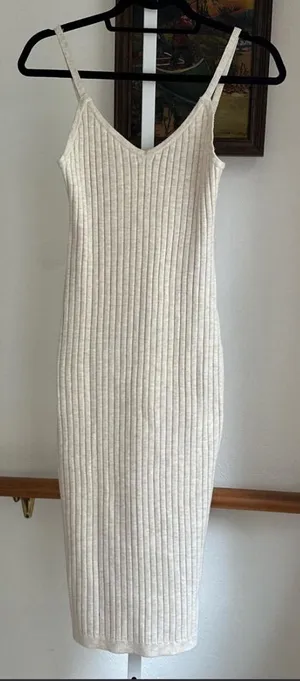 7 For All Mankind Cream Ribbed Knit Bodycon Midi Dress Small . thumbnail 1