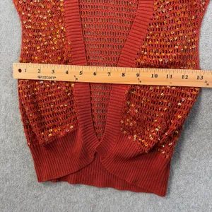 Necessary Objects Women's S Rust Orange Sequin 100% Silk Open Knit Cardigan Vest thumbnail 6