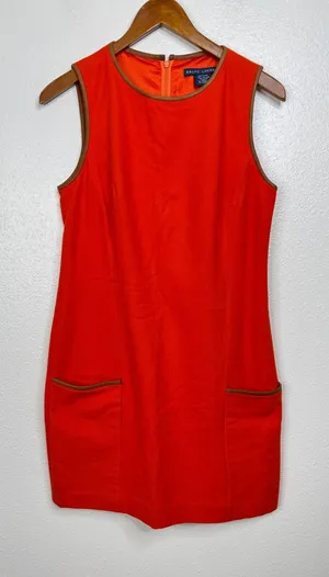 Ralph‎ Lauren Womens Orange Wool Blend Shift Dress Faux Leather Trim Size 6 thumbnail 1