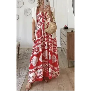 Calypso‎ St Barth Maxi Dress Red White Linen Blend Shells Boho Resort Size XS thumbnail 3